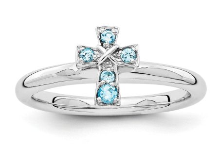 Rhodium Plated Sterling Silver Stackable Blue Topaz 9mm Cross Ring Fashion