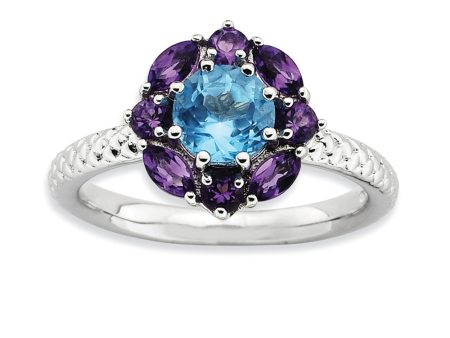 Sterling Silver Stackable Amethyst & Topaz Gemstone Flower Ring For Cheap