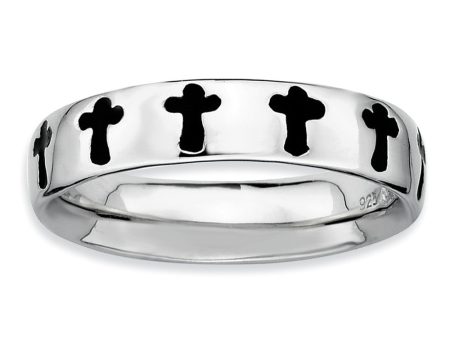 Rhodium Plated Sterling Silver, Black Enameled Stackable Cross Band Supply