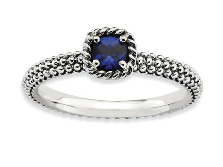 Antiqued Sterling Silver Stackable Created Sapphire Ring For Cheap