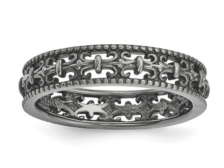 4.5mm Black Plated Sterling Silver Stackable Fleur de Lis Band Hot on Sale