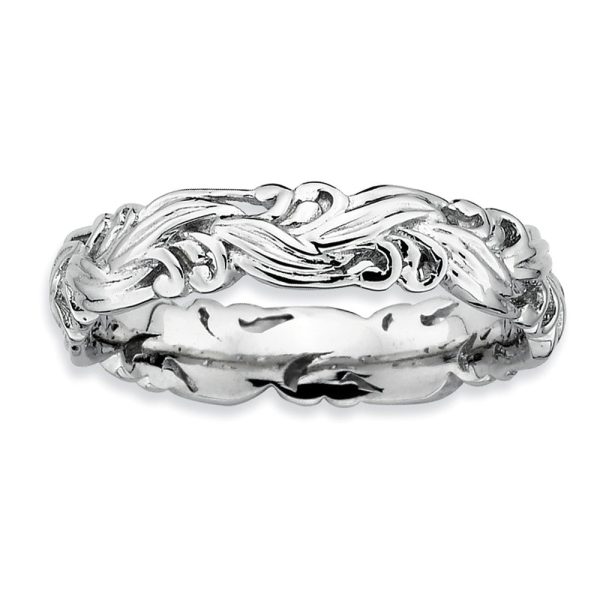 Rhodium Plated Sterling Silver Stackable Ornate Floral 4.5mm Band Hot on Sale